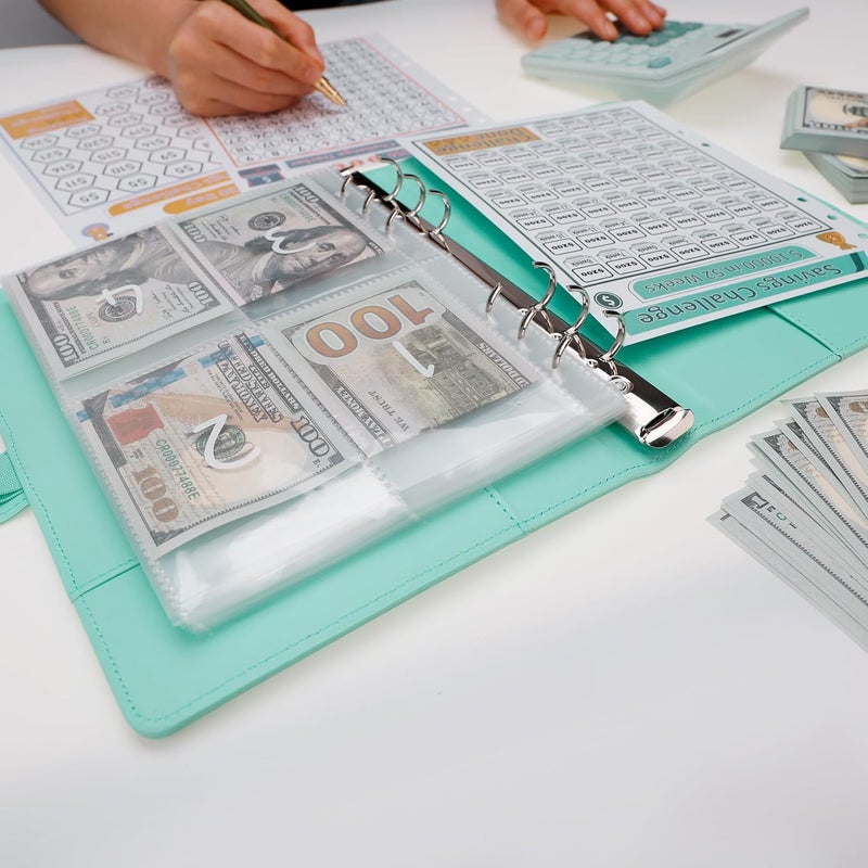 Antner 100 Envelopes Money Saving Challenge Binder, Savings Challenges Book with Envelopes & Challenge Trackers to Save $5,050 and $500 and $10,000, A5 Budget Binder Money Saving Book, Light Green - Image 5